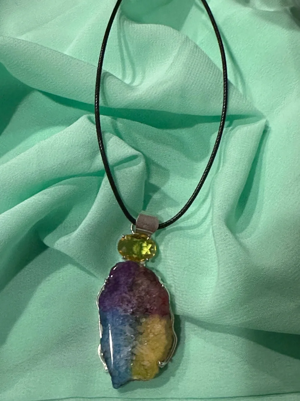Multicolor Druzy Pendant Necklace with Green Accent Stone